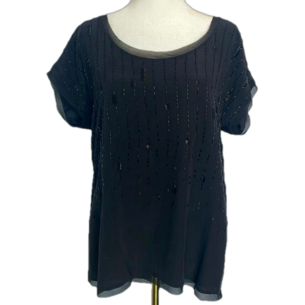 EILEEN FISHER Beaded Black Blouse 100% Silk Women's Size M Short Sleeve